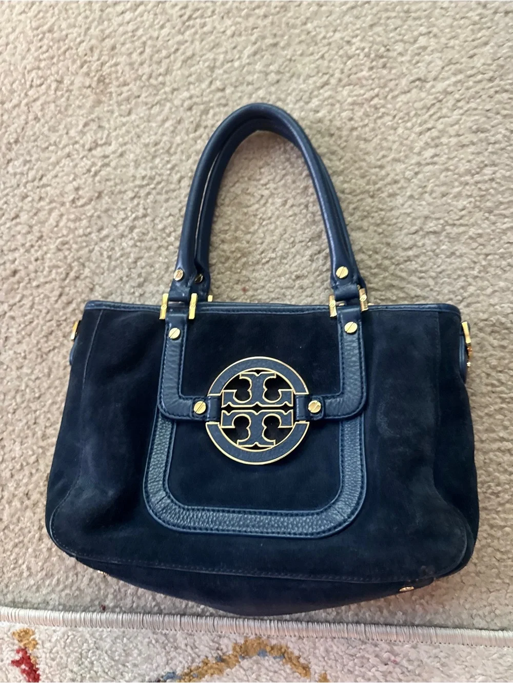 Tory Burch Navy Suede Shoulder Bag with Gold Logo